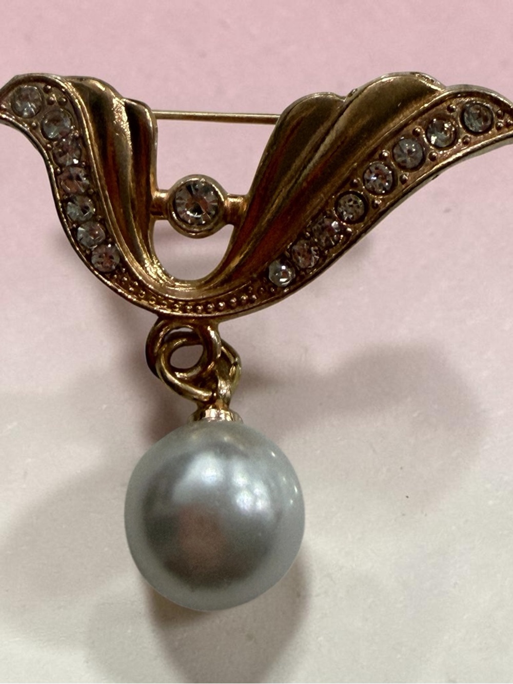 Gold-Tone Pearl Drop Brooch with Clear Crystals